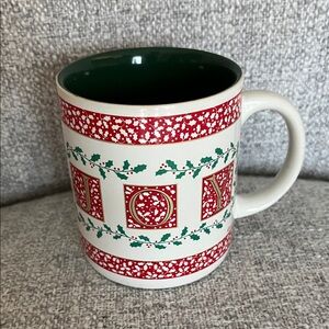 JOY vintage holiday Christmas coffee mug 
Red green spell out